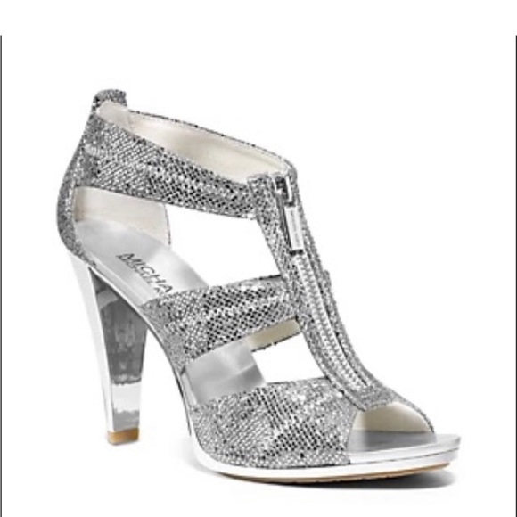 Michael Kors Shoes - Michael Kors Silver Sparkle Shoes 7.5 Berkley Glitter Zip PW18k 4" High Heel MK